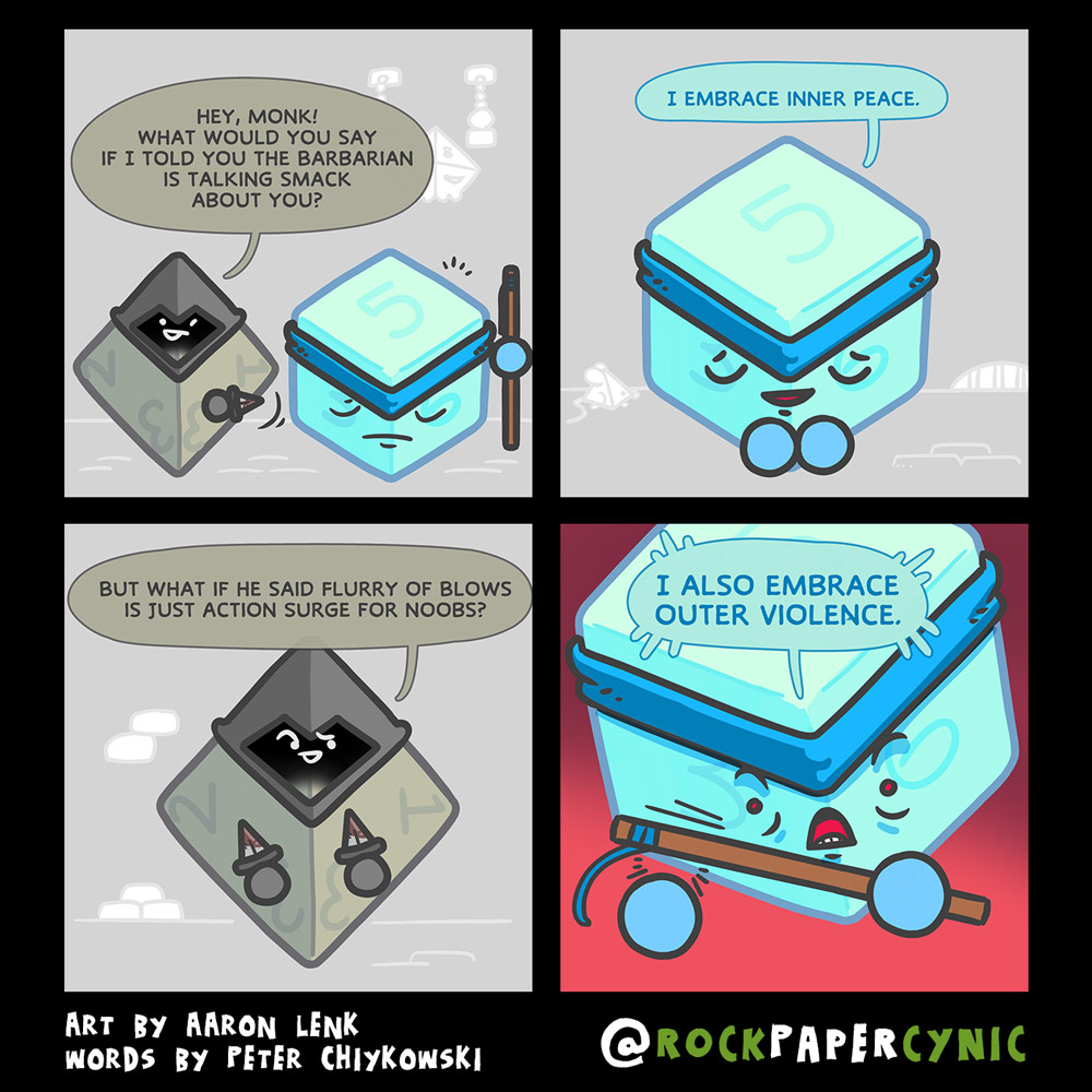 the barbarian smack-talks the monk and the rogue tells him about it